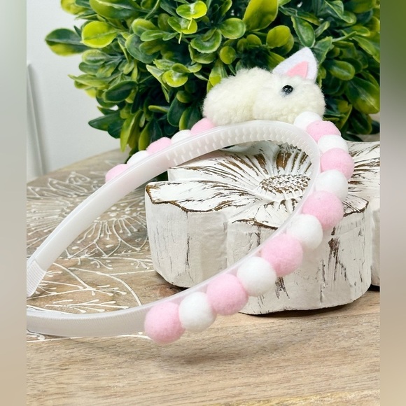 Cute Easter Bunny Headband with Pink and White Pom Poms - Picture 3 of 3